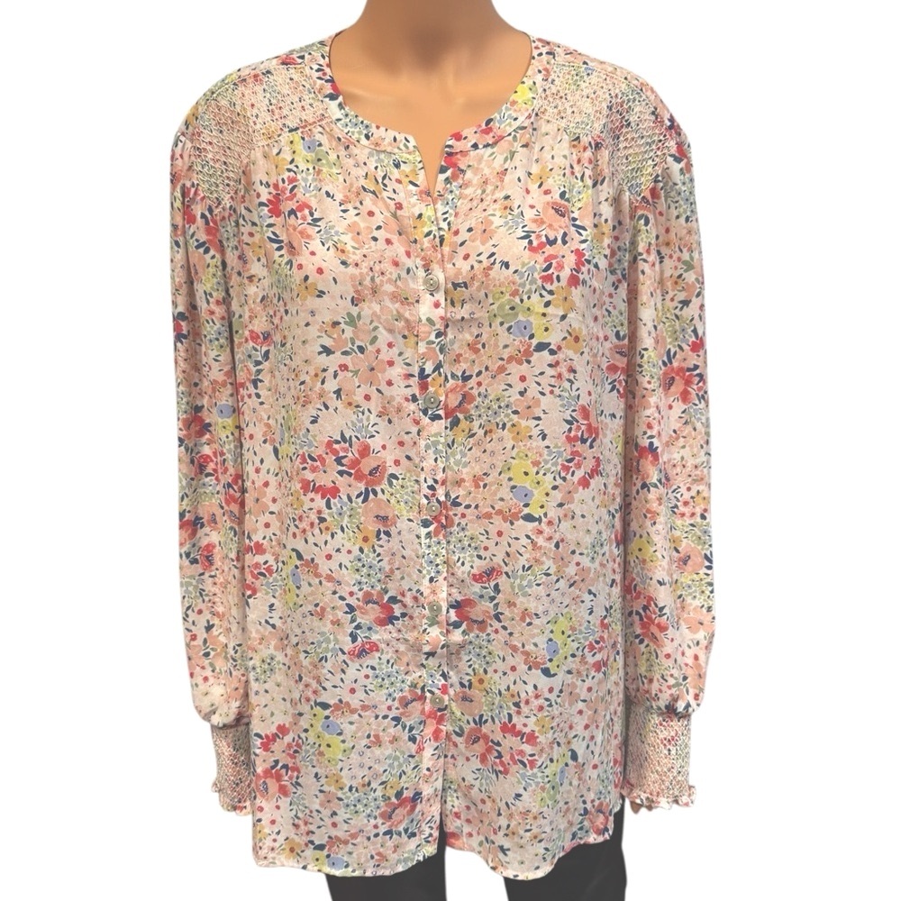 CYNTHIA ROWLEY Colorful Floral Long Sleeve Button Blouse NWT 3X